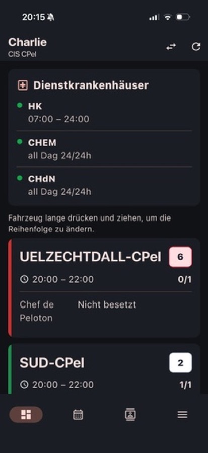 Charlie Monitor App: Dienstkrankenhäuser und Fahrzeugschichten mit Besetzung.